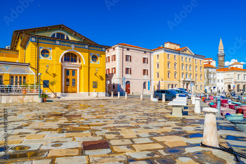 View of the embankment of Piran with historical buildings, Slovenia