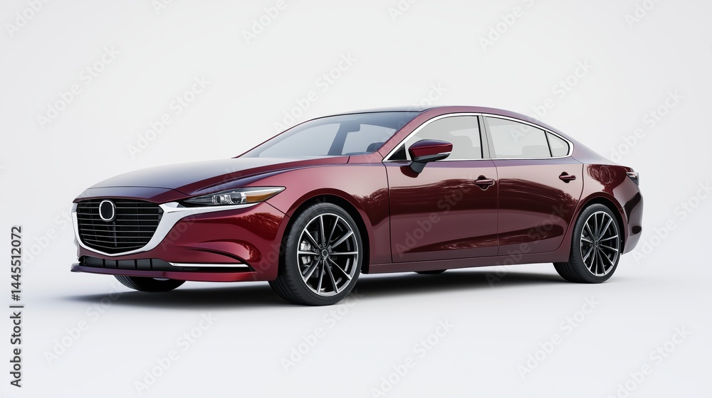 Naklejka premium Mockup of a generic glossy burgundy modern sedan, front three-quarter view, white background, minimal shadows