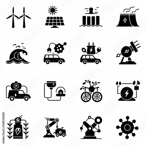Renewable energy sources and sustainable technology icons set featuring solar wind water and electric power generation silhouette