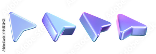 3D holographic arrow cursor icon set with a neon gradient, isolated on a white background. Render of iridescent arrow for interfaces, tech navigation, mouse clicks, location search. 3d vector icon