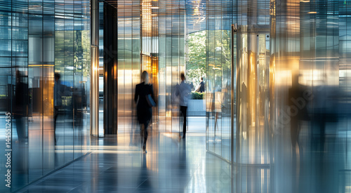 Wallpaper Mural Abstract motion blur of professionals walking through a glass corridor in a modern office building, symbolizing corporate energy and urban sophistication Torontodigital.ca