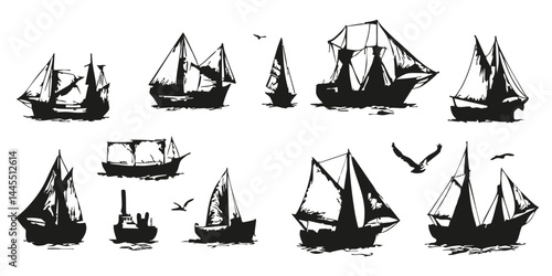 Sailing Boats And Ships Silhouette Set. Nautical Adventure And Maritime Exploration Theme Isolated Vector Illustration Collection