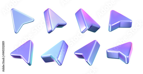 3D holographic arrow cursor icon set with a neon gradient, isolated on a dark background. Render of iridescent arrow for interfaces, tech navigation, mouse clicks, location search. 3d vector icon