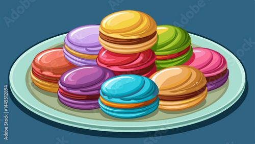 A plate full of colorful French macarons, perfectly round.
Crisp shells contrast with their soft, flavorful centers.
Visually balanced with a touch of sophistication.
Ready to use in chic bakery or de