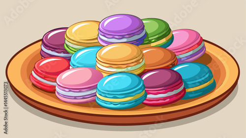 A plate full of colorful French macarons, perfectly round.
Crisp shells contrast with their soft, flavorful centers.
Visually balanced with a touch of sophistication.
Ready to use in chic bakery or de