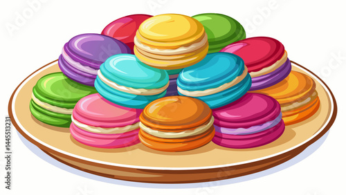 A plate full of colorful French macarons, perfectly round.
Crisp shells contrast with their soft, flavorful centers.
Visually balanced with a touch of sophistication.
Ready to use in chic bakery or de