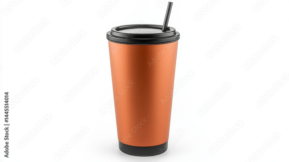 A modern insulated travel tumbler for beverages like iced tea or coffee, complete with straw and flip lid, isolated on white A modern insulated travel tumbler for beverages like iced tea or coffee, complete with straw and flip lid, isolated on white
