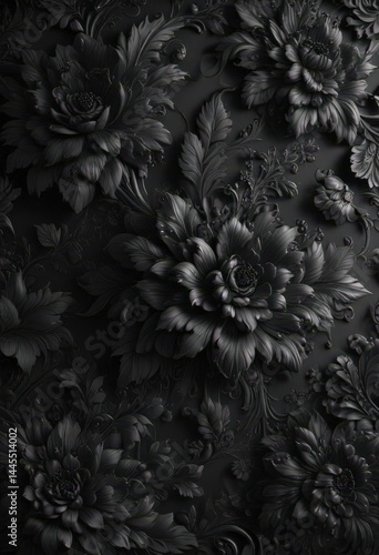 Luxurious black charcoal floral wallpaper with ornate details Stylish home interior , black and grey, subtle