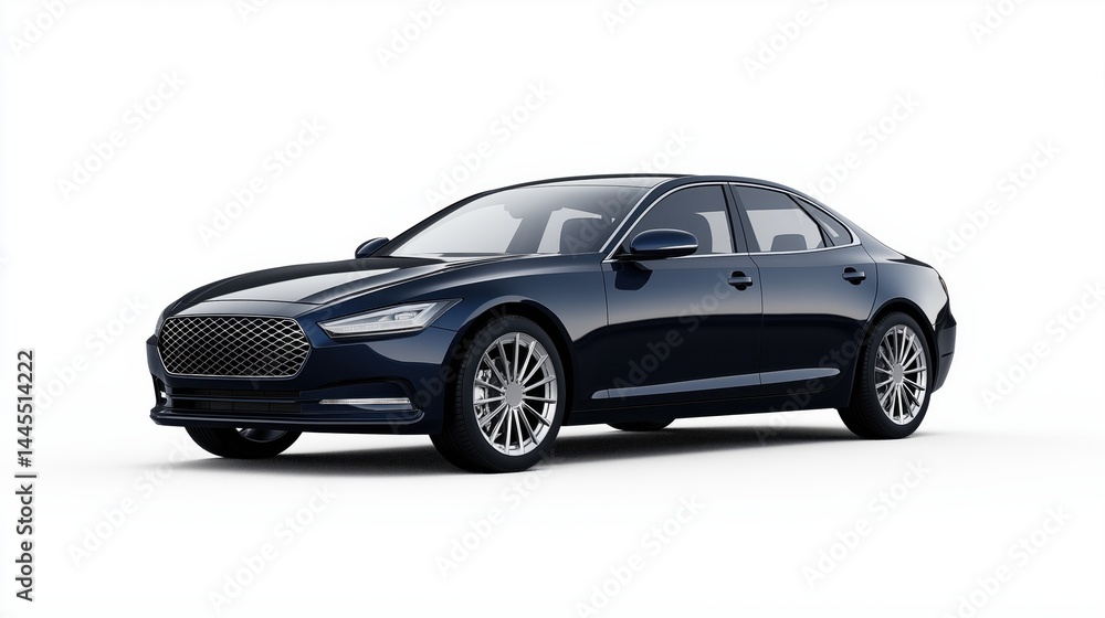 Naklejka premium Mockup of a generic glossy Midnight Blue modern sedan, front three-quarter view, white background