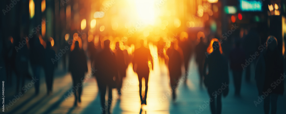 Obraz premium Silhouetted crowd walking through a city street at sunset, bathed in golden light with a soft, dreamlike blur capturing urban life in motion