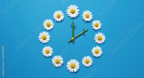White daisy petals and yellow centers arranged circle like a clock face, with green stem forming clock hand pointer concept for spring season and time measurement