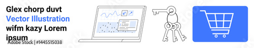 Laptop displaying analytics, keyring illustrating security, and blue shopping cart emphasize digital business, security access, and e-commerce. Ideal for technology, data, e-commerce, security
