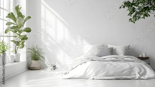 Serene bedroom design minimalist interior pure white background natural elements relaxing atmosphere