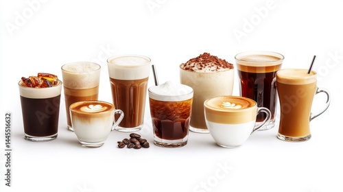 A mix of warm drinks like coffee, tea, and hot chocolate. Includes types like mocha, cappuccino, and iced coffee, all on a white background.
