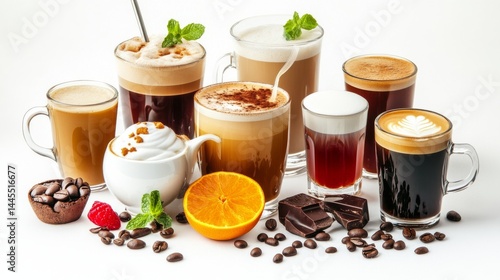 A mix of warm drinks like coffee, tea, and hot chocolate. Includes types like mocha, cappuccino, and iced coffee, all on a white background.
