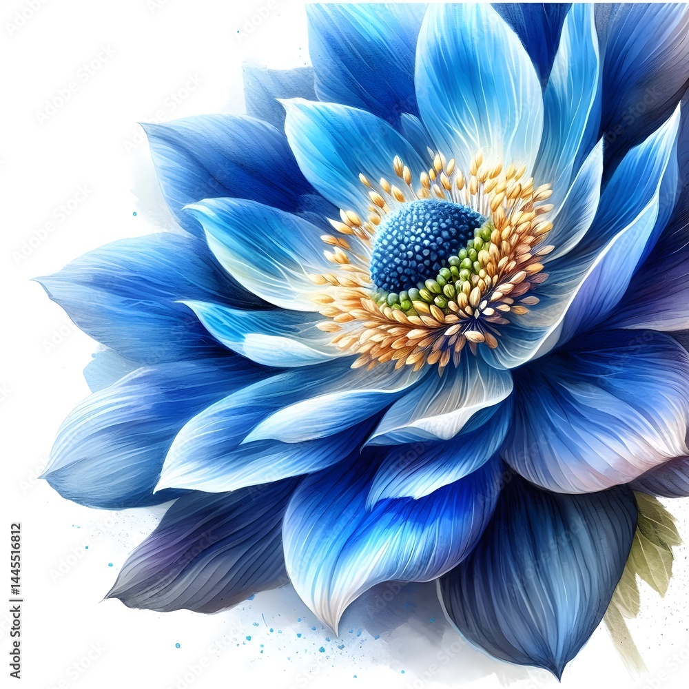 Fototapeta premium Vibrant Blue Flower with Intricate Petal Details and a Rich Textured Center – Elegant Botanical Illustration with Striking Color Harmony
