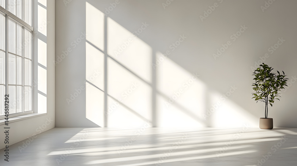 Serene indoor space with natural light and plant minimalist design pure white background Serene indoor space with natural light and plant minimalist design pure white background