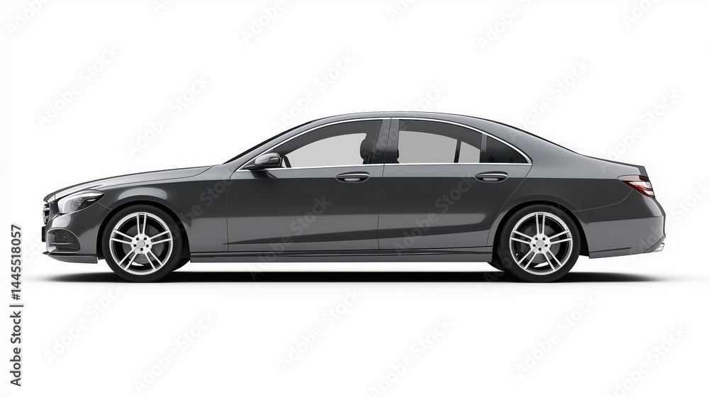 Realistic mockup of a modern gray sedan car, side view, isolated on white background Realistic mockup of a modern gray sedan car, side view, isolated on white background