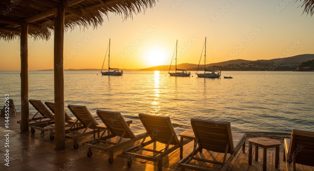Fototapeta premium Sunset at the Beach with Sailboats - Photo