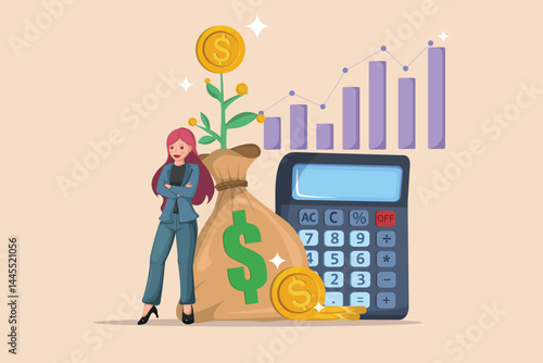 Financial success illustrated with a woman, calculator, money bag, and a growth chart.