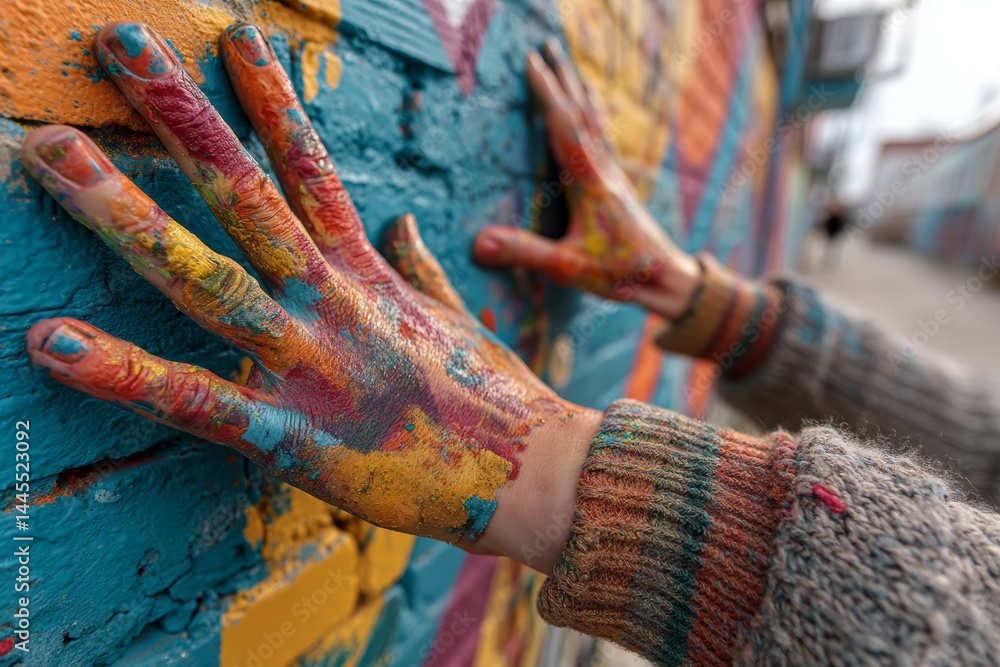 Obraz premium Colorful Hands Against a Graffiti Wall