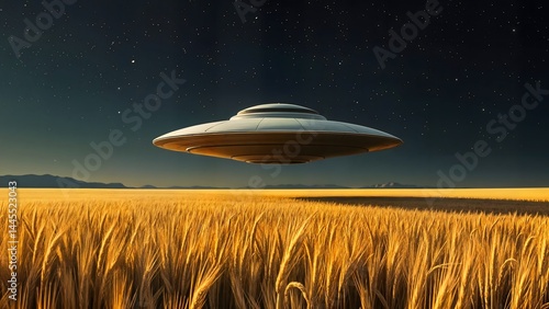 UFO over the yellow wheat field in the night sky illustration
