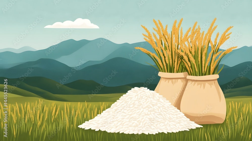 of rice stalks and flour bags in a rural landscape