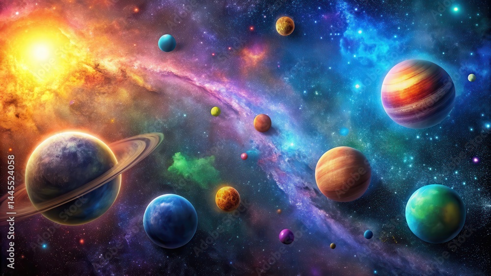 A vibrant galaxy with colorful planets in the background of a dark space , galaxy, interstellar A vibrant galaxy with colorful planets in the background of a dark space , galaxy, interstellar