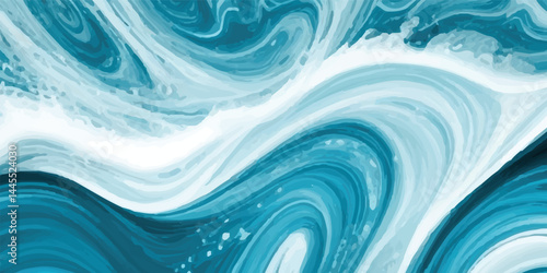Watercolor wash blending sea and sky elements in delicate blue and white tones. Cartoon-Style Watercolor Sea Texture Featuring Gentle Tsunami Curves and White Highlights