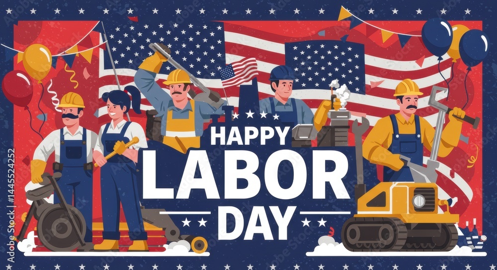 Obraz premium Diverse Workers Celebration: Labor Day, American Flags, Industry & Unity.