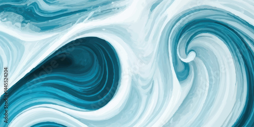 Watercolor wash blending sea and sky elements in delicate blue and white tones. Cartoon-Style Watercolor Sea Texture Featuring Gentle Tsunami Curves and White Highlights