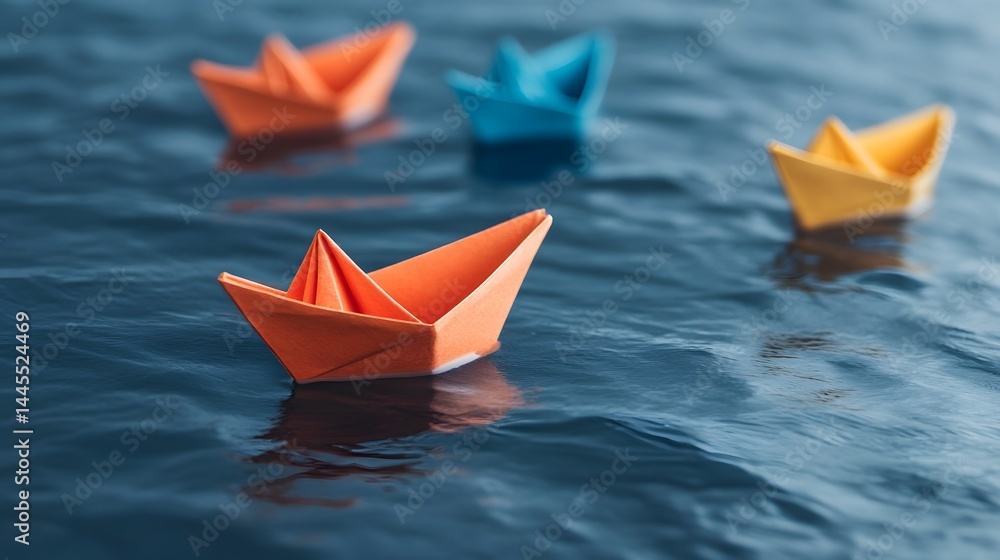 Origami paper boats navigating tranquil waters