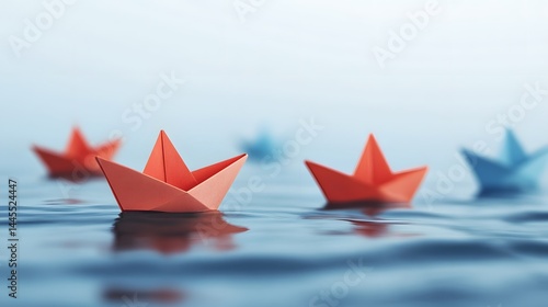 Obraz na płótnie Paper boats navigating through calm waters, representing leadership and innovative thinking. w salonie