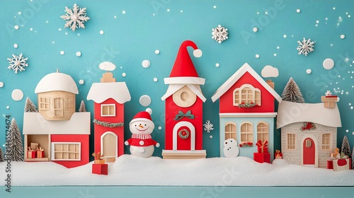 Christmas Village Festive Decor: Wooden Miniature Houses and Snowman in Winter Scene with Christmassy Red and White Colors Perfect for Creating Cheerful Holiday Displays and Festive Atmosphere