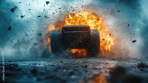Massive RC truck erupting in flames amidst a destructive environment