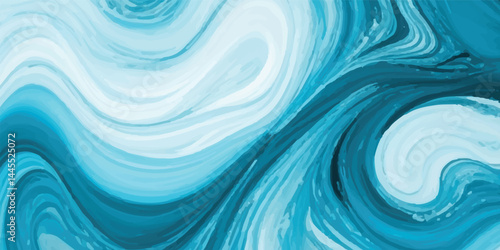 Watercolor wash blending sea and sky elements in delicate blue and white tones. Soft Blue Watercolor Ocean Waves with White Foam Accents in a Flat Tropical Splash Style