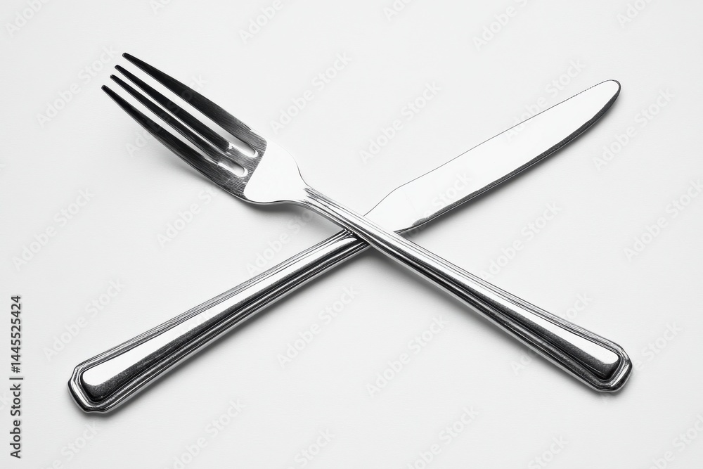 Elegant crossed fork and knife on white background sharp detail minimalist design clean lines studio Elegant crossed fork and knife on white background sharp detail minimalist design clean lines studio