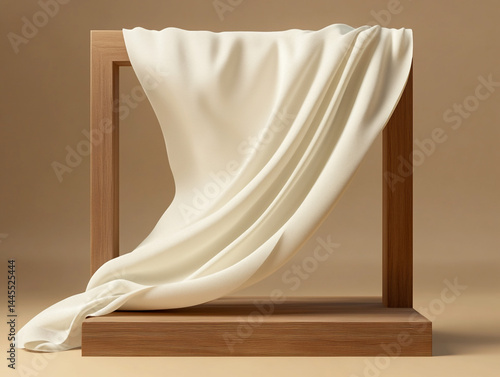 3D Square Product Presentation Stand For Display With Silk Cloth Curtain On The Background