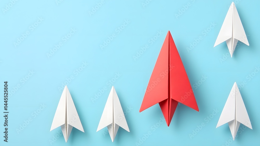 Red paper airplane leading a group of white planes