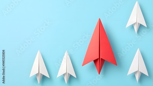 Obraz na płótnie Red paper airplane leading a group of white planes w salonie