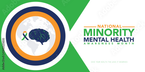 Minority Mental Health Awareness Month. Vector web banner for social media, poster, card, flyer. Text Minority Mental Health Awareness Month, July. Human head, a plant with leaves on white background.