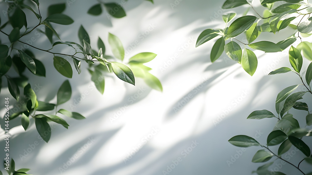 Nature scene featuring green leaves on horizontal pure white background soft light close-up view Nature scene featuring green leaves on horizontal pure white background soft light close-up view