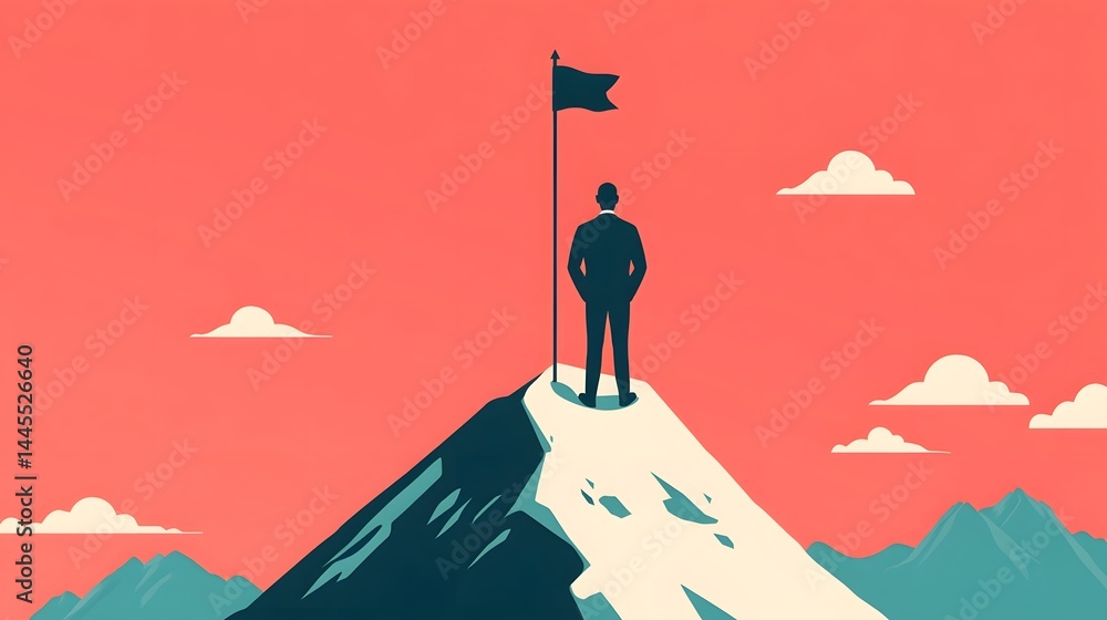 A person stands atop a mountain, holding a flag in triumph.