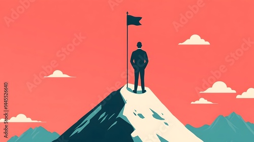 Obraz na płótnie A person stands atop a mountain, holding a flag in triumph. w salonie
