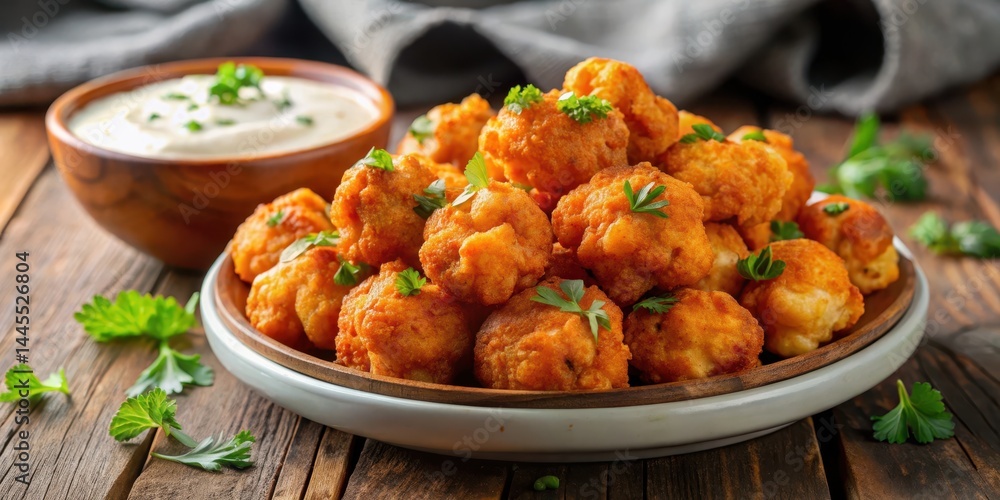Crunchy cauliflower bites smothered in spicy buffalo sauce and served with a side of creamy ranch dip , Buffalo Wings, Spicy Food Crunchy cauliflower bites smothered in spicy buffalo sauce and served with a side of creamy ranch dip , Buffalo Wings, Spicy Food