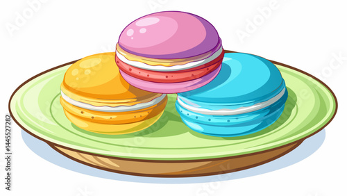 Delicate macarons in cheerful tones resting on clean white porcelain.
The composition is light, airy, and full of sweet character.
Each cookie tells a flavor story through color.
Isolated seamlessly f