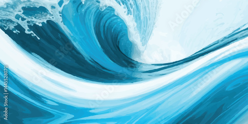 Watercolor texture of soft blue ocean waves, seamlessly blended with white hues to represent the gentle motion of a tsunami wave, Watercolor Ocean Waves Foam Accents in a Flat Tropical Splash Style