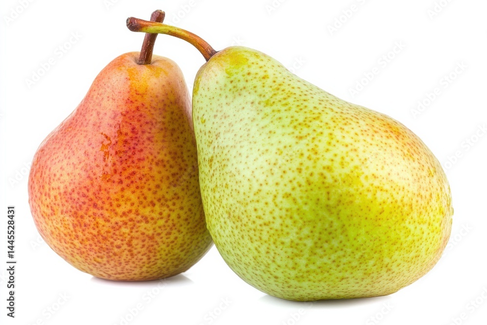 Two ripe pears one red one green juicy and fresh perfect for a healthy snack White background Two ripe pears one red one green juicy and fresh perfect for a healthy snack White background