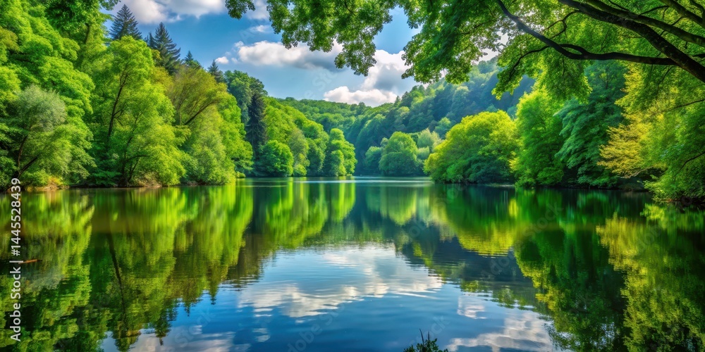 A serene lake surrounded by dense foliage and towering trees, its calm waters reflecting the vibrant greenery above A serene lake surrounded by dense foliage and towering trees, its calm waters reflecting the vibrant greenery above