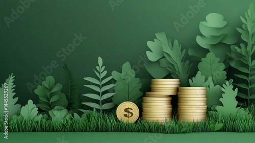 Eco-Friendly Financial Growth: Stacked Coins and Greenery in Paper Art Illustrates Sustainable Investment, Wealth, and Nature-Inspired Financial Planning for Economic Stability and Business Success
